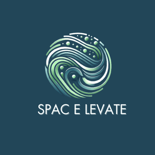 Space Elevate logo displaying an abstract circular pattern with wavy lines and dots, in green and blue hues on a dark teal background.
